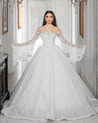 White Lace Ball Gown Wedding Dress Off Shoulder Long Sleeves Pearl Crystal Beading Cathedral Train Bridal Gown