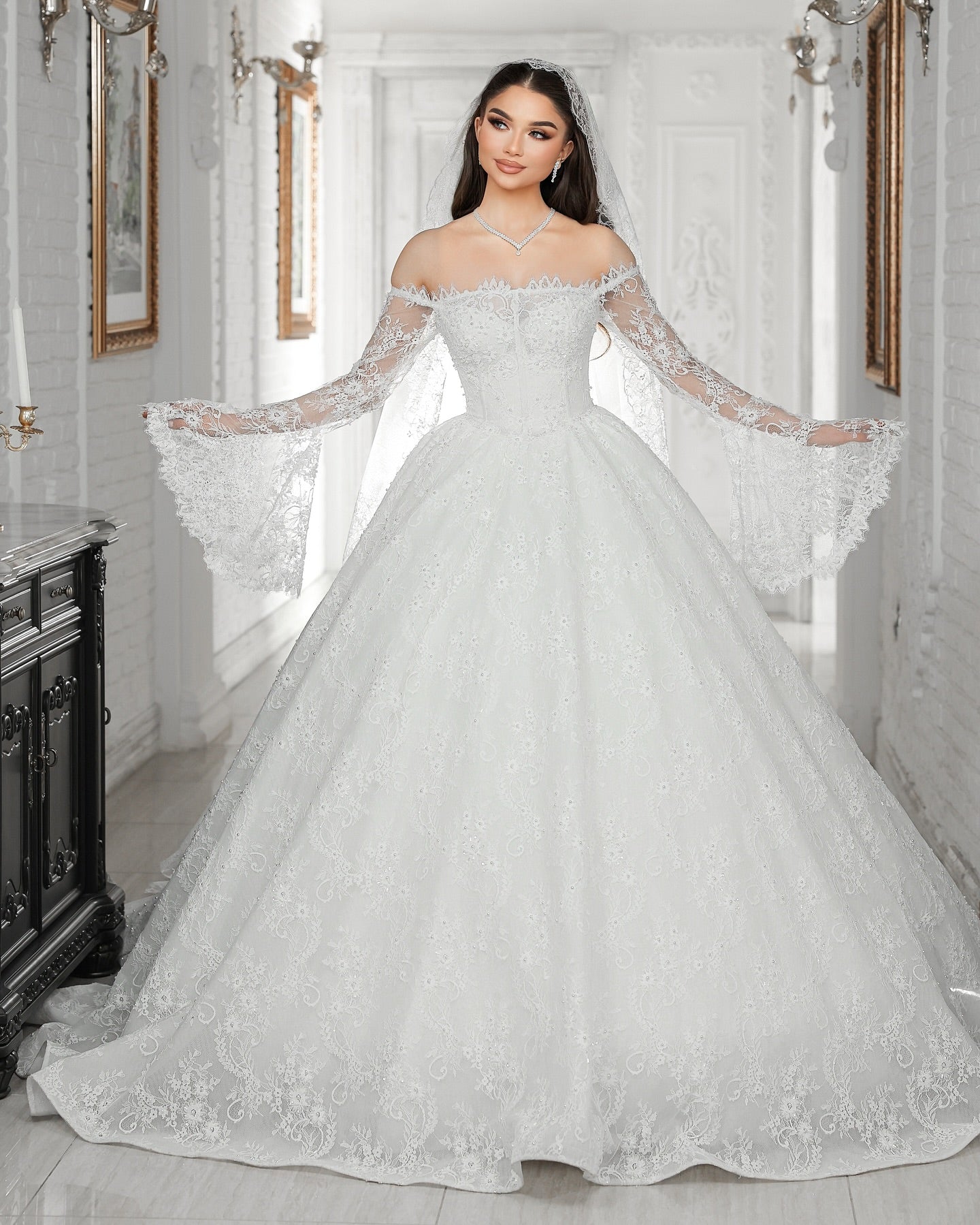 White Lace Ball Gown Wedding Dress Off Shoulder Long Sleeves Pearl Crystal Beading Cathedral Train Bridal Gown