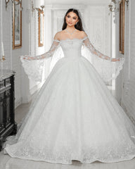White Lace Ball Gown Wedding Dress Off Shoulder Long Sleeves Pearl Crystal Beading Cathedral Train Bridal Gown