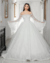 White off-the-shoulder beaded A-line wedding dress