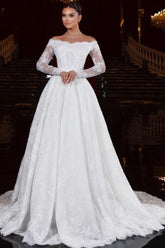 White Lace Ball Gown Wedding Dress Off-the-Shoulder Long Sleeve Glitter Lace Corset Princess Bridal Gown with Cathedral Train