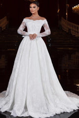 White Lace Ball Gown Wedding Dress Off-the-Shoulder Long Sleeve Glitter Lace Corset Princess Bridal Gown with Cathedral Train