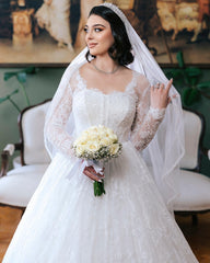 White Lace Ball Gown Wedding Dress Sweetheart Sheer Long Sleeves Floral Lace Appliqué Beading Cathedral Train Bridal Gown