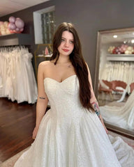 White Lace Beaded Ball Gown Wedding Dress Sweetheart Sleeveless Sparkle Open Back Cathedral Train Bridal Gown