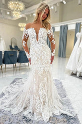 White Lace Mermaid Wedding Dress Illusion Off-the-Shoulder Deep V-Neck Long Sheer Illusion Sleeves Allover Baroque Vine Lace Applique Illusion Open Back Bordered Cathedral Train Bridal Gown
