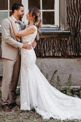 White Lace Mermaid Wedding Dress V-Neck Spaghetti Straps Allover 3D Floral Lace Applique Pearl Button Back Sweep Train Bridal Gown