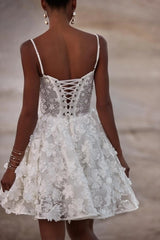 White Lace Mini Wedding Dress with Floral Appliques and Spaghetti Straps