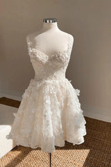 White Lace Mini Wedding Dress with Floral Appliques and Spaghetti Straps