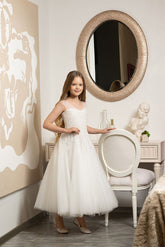 White Lace Scoop Neck Sleeveless Sequin Embroidery Bow Back A-Line Tea Length Flower Girl Dresses