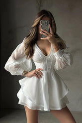 White Long Sleeves V Neck Short Formal Dress With Ruffles Pleated