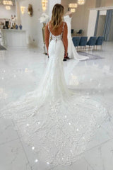 White Mermaid Wedding Dress Deep V Neck Wide Lace Straps Illusion Boned Corset Scrollwork Floral Lace Applique Cathedral Train Bridal Gown