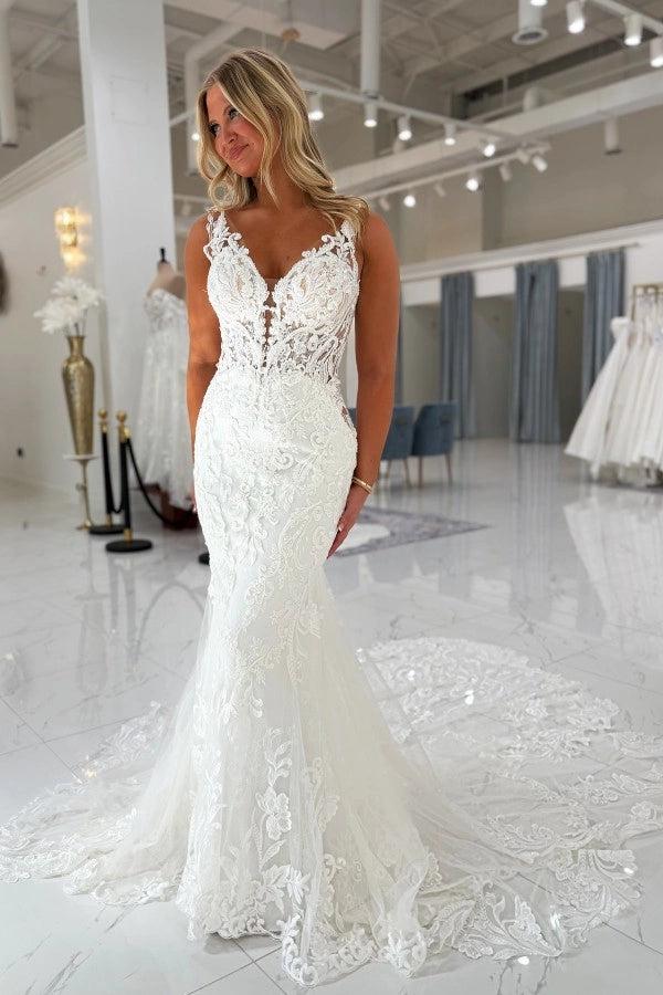 White Mermaid Wedding Dress Deep V Neck Wide Lace Straps Illusion Boned  Corset Scrollwork Floral Lace Cathedral Train