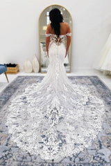 White Mermaid Wedding Dress Off Shoulder Sweetheart Illusion Boned Corset 3D Floral Lace Applique Cathedral Train Bridal Gown
