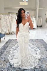 White Mermaid Wedding Dress Off Shoulder Sweetheart Illusion Boned Corset 3D Floral Lace Applique Cathedral Train Bridal Gown
