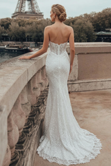 White Mermaid Wedding Dress Strapless Sweetheart 3D Feather Lash Lace Edge Illusion Boned Corset Allover Scrollwork Floral Lace Silver Glitter Chapel Train Bridal Gown