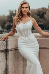 White Mermaid Wedding Dress Strapless Sweetheart 3D Feather Lash Lace Edge Illusion Boned Corset Allover Scrollwork Floral Lace Silver Glitter Chapel Train Bridal Gown