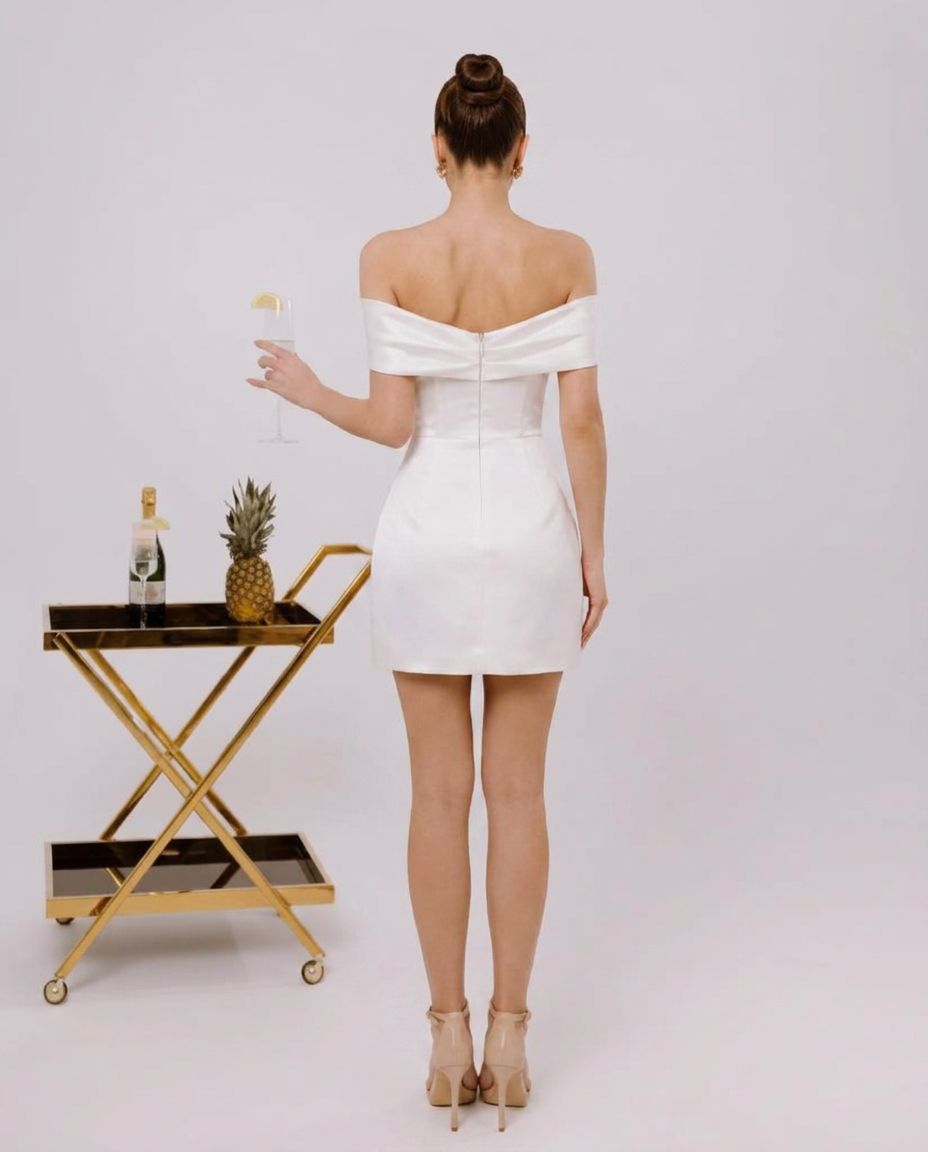 White Off-Shoulder Draped Bodycon Mini Cocktail Dress Sleeveless Satin