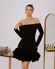 White Off-Shoulder Long Sleeve Mini Cocktail Dress with 3D Rose Floral Hem