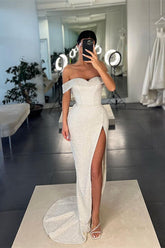 White off-the-shoulder sequin mermaid evening dress