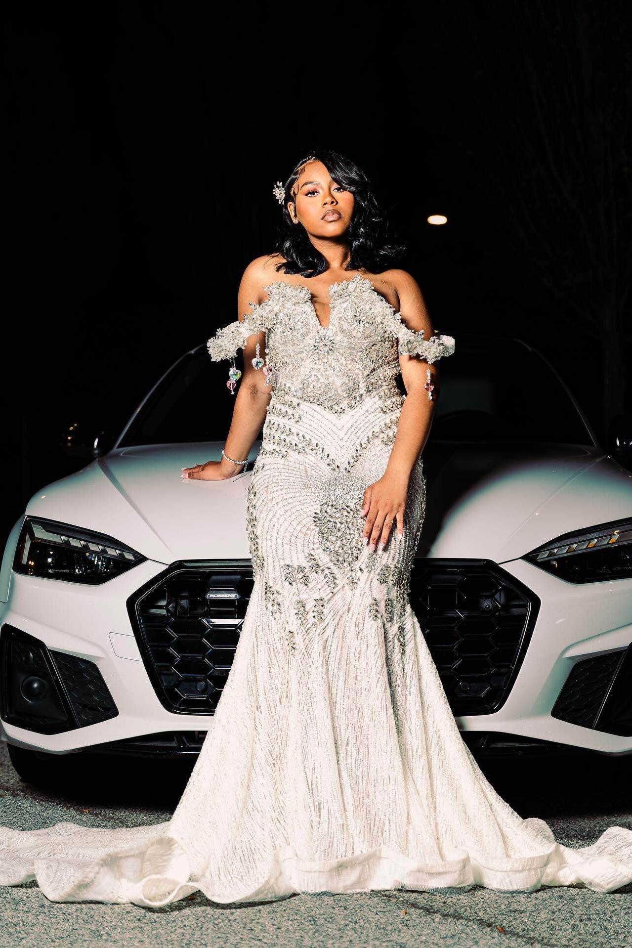 White Off The Shoulder Prom Dress Beaded Mermaid Gown with Train and Rhinestones