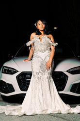White Off The Shoulder Prom Dress Beaded Mermaid Gown with Train and Rhinestones