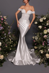 White off-the-shoulder applique mermaid evening dress