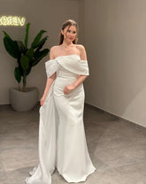 White Off-the-Shoulder Beaded Sleeveless Mermaid Satin Floor Length Formal Evening Gown