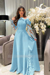 White Off-the-Shoulder Long Sleeve A-Line Satin Lace Appliques Floor Length Evening Gown