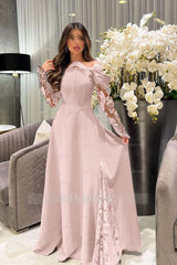 White Off-the-Shoulder Long Sleeve A-Line Satin Lace Appliques Floor Length Evening Gown