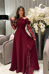 White Off-the-Shoulder Long Sleeve A-Line Satin Lace Appliques Floor Length Evening Gown