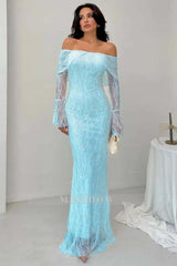 White Off-the-Shoulder Long Sleeve Bodycon Lace Floor Length Formal Evening Dress