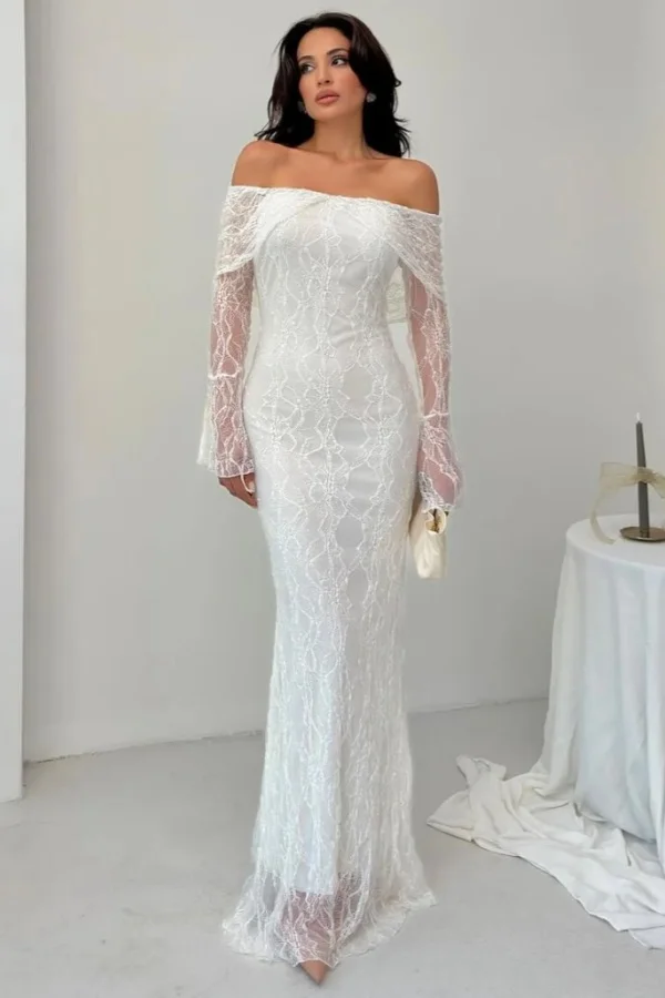 White Off-the-Shoulder Long Sleeve Bodycon Lace Floor Length Formal Evening Dress