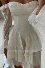White Off-the-Shoulder Long Sleeve Fit and Flare Chiffon Ruffled Mini Formal Dress