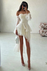 White Off-the-Shoulder Long Sleeve Fit and Flare Chiffon Ruffled Mini Formal Dress