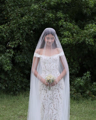 White Off-the-Shoulder Mermaid Wedding Dress Full Lace Cap Sleeve Button Back Sweep Train