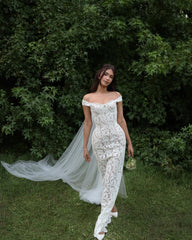 White Off-the-Shoulder Mermaid Wedding Dress Full Lace Cap Sleeve Button Back Sweep Train