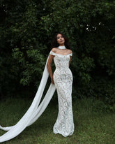 White Off-the-Shoulder Mermaid Wedding Dress Full Lace Cap Sleeve Button Back Sweep Train