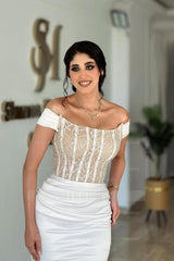 White Off-the-Shoulder Sleeveless Beaded Lace Corset Mermaid Satin Formal Evening Gown