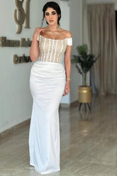 White Off-the-Shoulder Sleeveless Beaded Lace Corset Mermaid Satin Formal Evening Gown