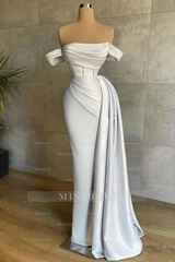 White Off-the-Shoulder Sleeveless Mermaid Satin Ruffled Beaded Floor Formal Evening Gown