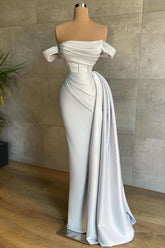 White off-the-shoulder ruffled mermaid evening dress