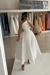 White One Shoulder Ruched Corset Cocktail Dress Crystal Waist A-Line Tea Length Party Gown