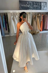 White One Shoulder Ruched Corset Cocktail Dress Crystal Waist A-Line Tea Length Party Gown