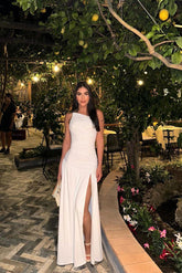 White One Shoulder Sleeveless Ruched Slit Satin Fit and Flare Floor Formal Evening Gown