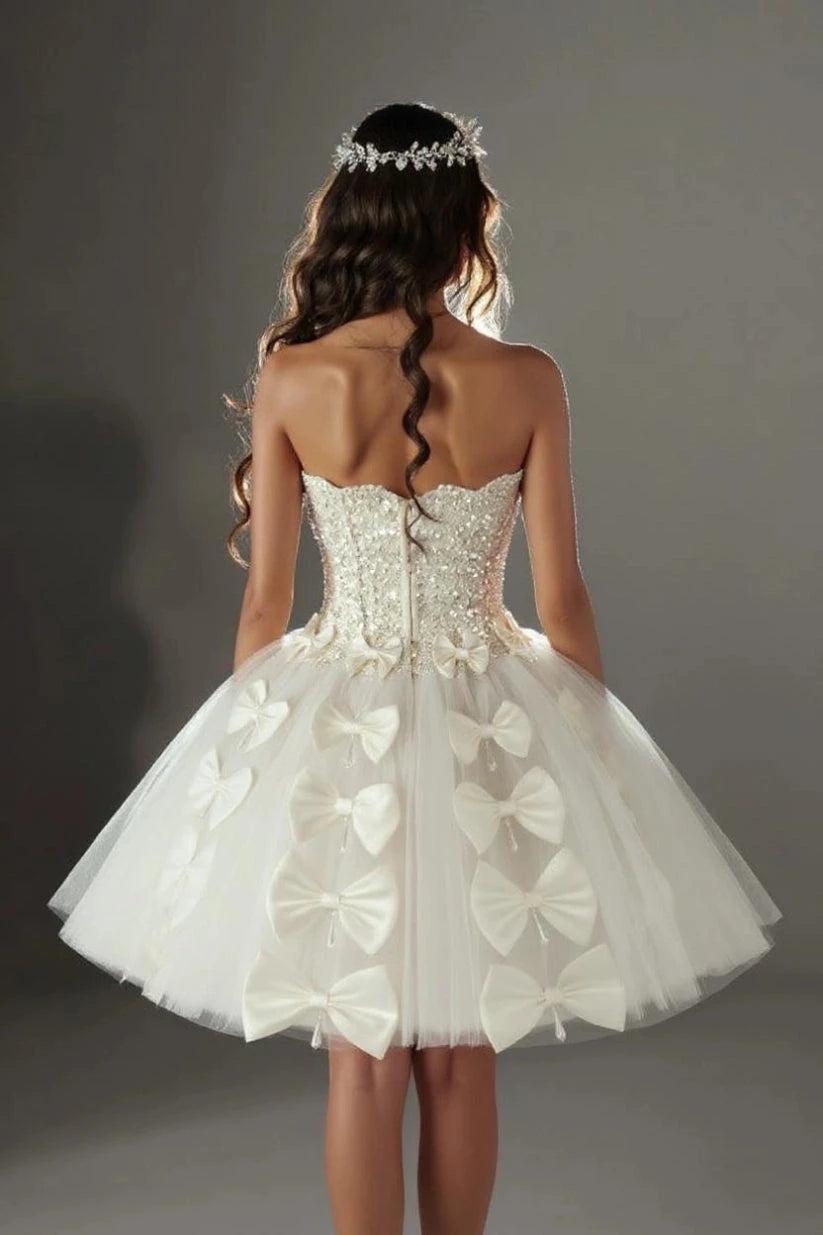 White Pearl Beaded Corset Short Wedding Dress Strapless Sweetheart Tulle Ball Gown with Bow Embellishments