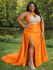 White Plus Size Mermaid Prom Dress One Shoulder Cutout Sheer Beaded Floral Pearl Crystal Bodice Ruched Stretch Satin Skirt High Front Split Chapel Train Gown