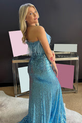 White Plus Size Mermaid Prom Dress with Strapless Sequins and Feathers