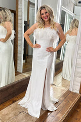 White Plus Size Mermaid Prom Dress with Strapless Sequins and Feathers