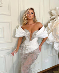 White Rhinestone Off-the-Shoulder Half Sleeve Beaded Mermaid Satin Formal Evening Gown