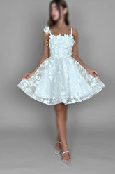 White Rhinestone Spaghetti Strap Sleeveless A-Line Lace Appliques Mini Formal Dress